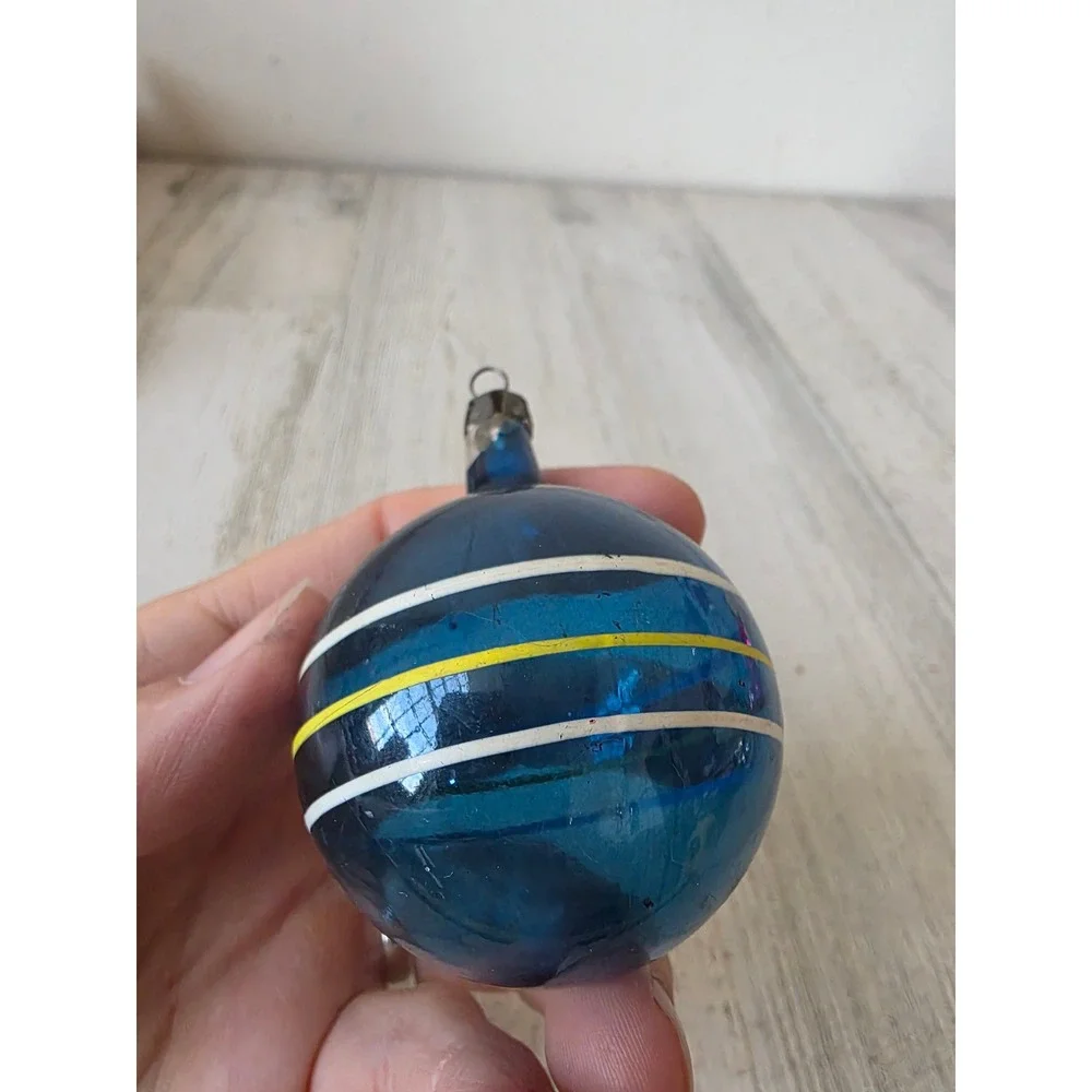 Vintage premier unsilvered blue striped glass ornament Xmas tree yellow white